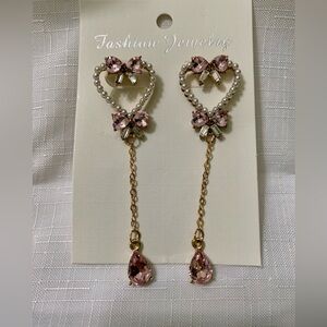Elegant Pink and Gold Heart Drop Earrings